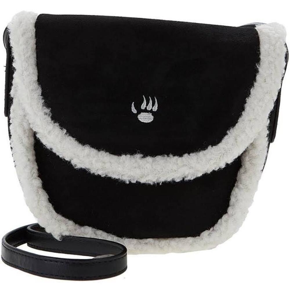 NWT BEARPAW Shearling Trim Crossbody Saddle Bag Black